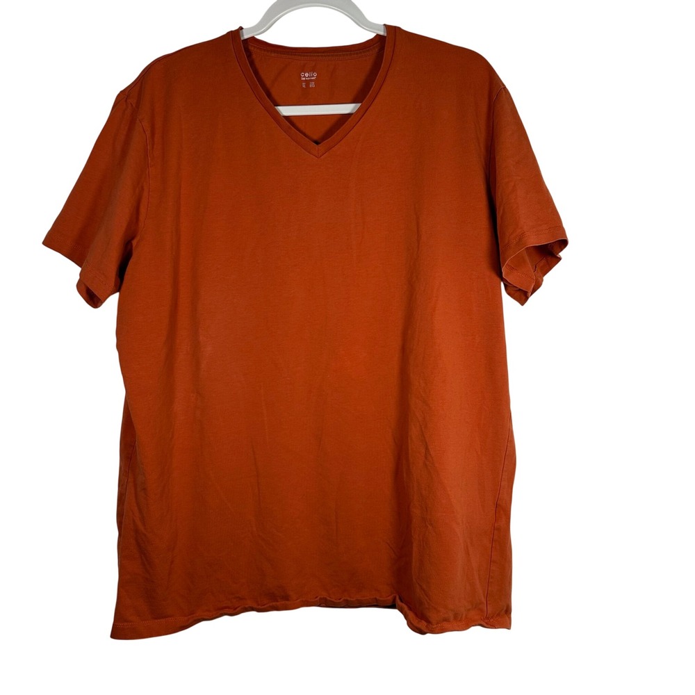 Celio Mens V-Neck T-Shirt XL‎ Burnt Orange Cotton Blend Short Sleeve